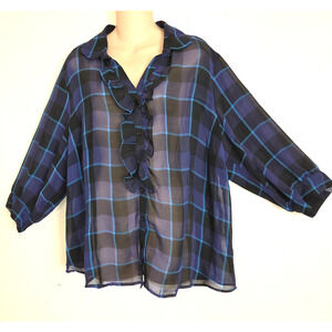 VTG Joanna Plus Blue Plaid Sheer Blouse 2X Blue Teal Black Preppy 3/4 Sleeves